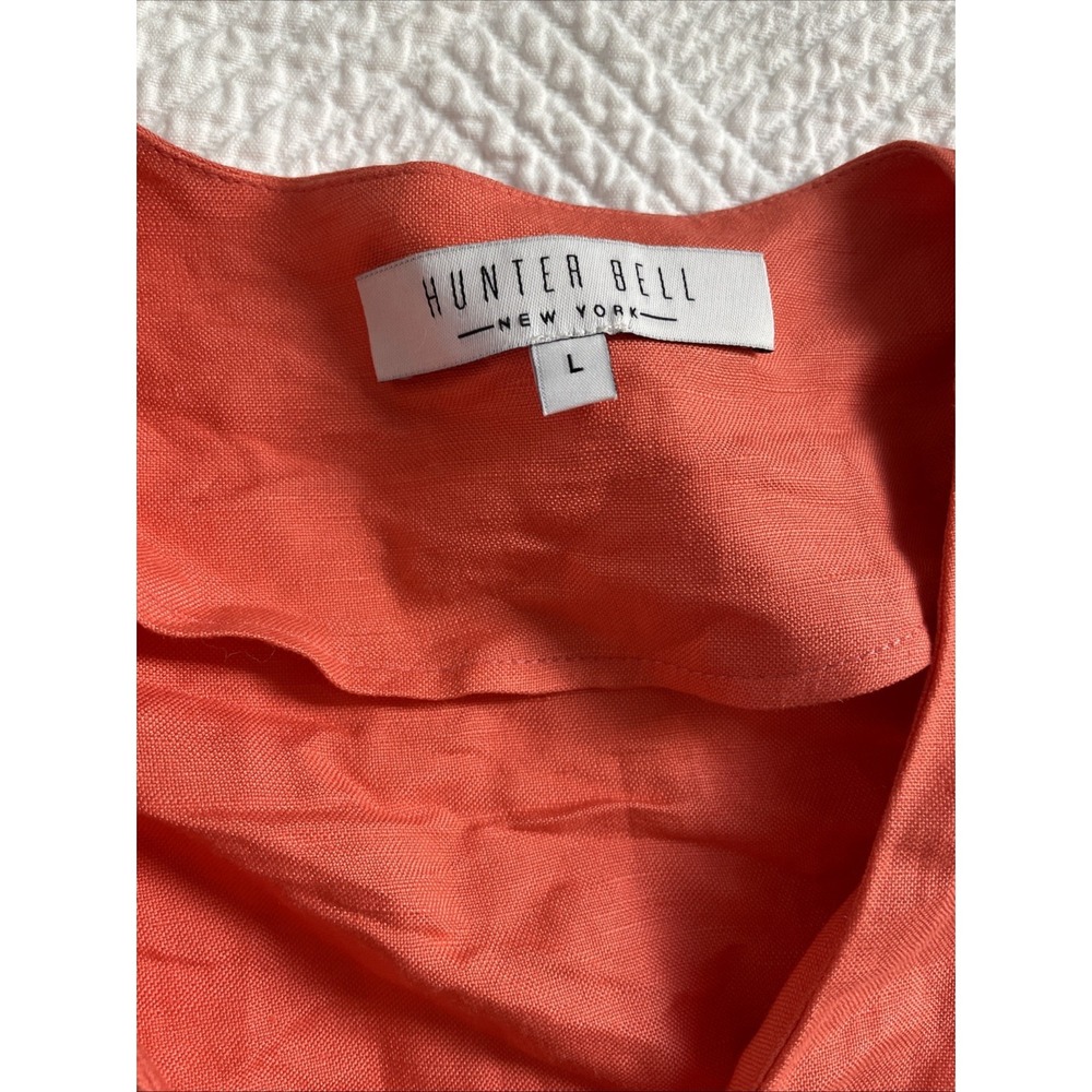 Hunter Bell Wrap Dress Women's Large Coral V Neck Puff Sleeve Linen Blend Luxury - Picture 2 of 10